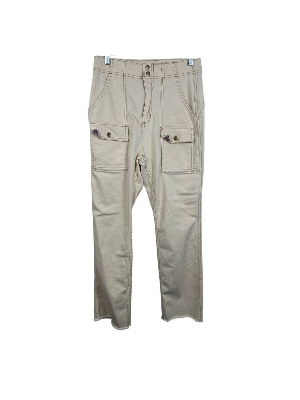 Pilcro Cargo Straight Jeans Womens 27 Cream EUC High Waist Fray‎ Hem 1956